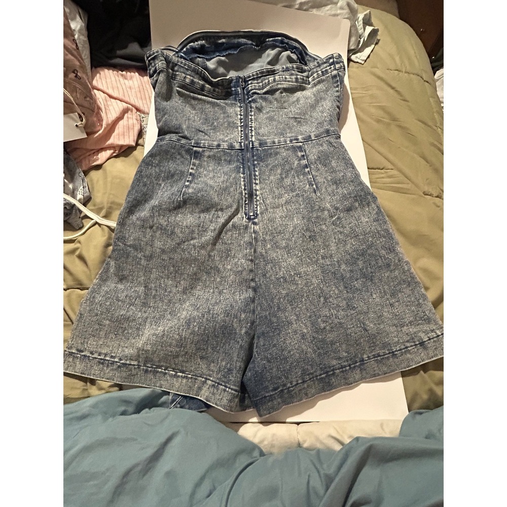 Flying Tomato Women Acid Wash Denim Strapless Skort Romper Blue Side Tie Large - Picture 4 of 8